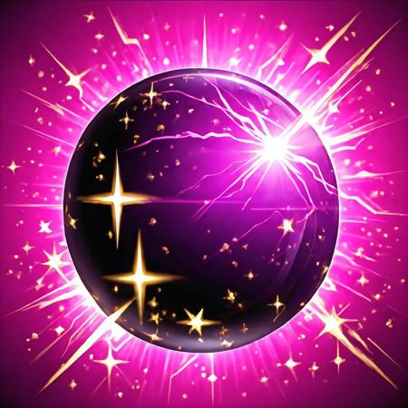 Black to purpure gradient background, Pink transparent magic-sphere-shield silhouette, lightning centered, close-up, golden stars, magic, casting spell