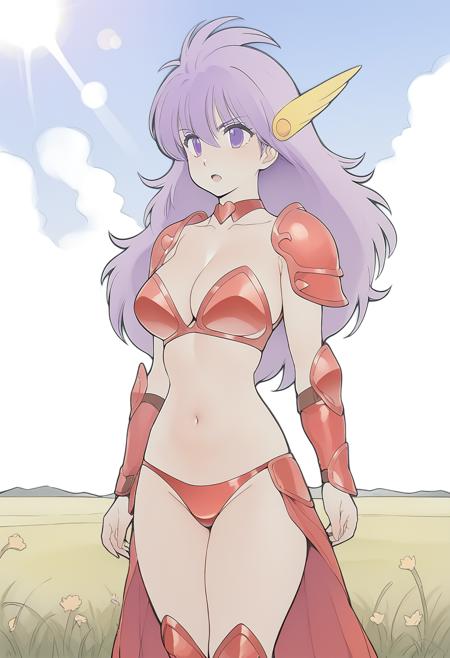 konamilady, purple eyes, purple hair, long hair, hair ornament, choker, bikini armor, strapless,