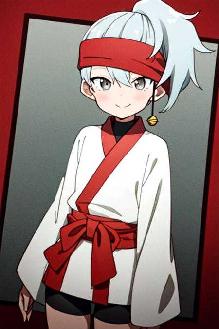 masterpiece, best quality, <lora:kunoichi_uikyou:0.7> 1girl, solo, grey eyes, grey hair, ponytail, red headband, single jingle bell, white kimono, one long sleeve, wide sleeve, bike shorts, looking at viewer, cowboy shot, light smile, short hair,