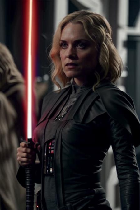 RAW screenshot photo of radhamitchell blonde woman in a star wars movie as a (sith:1.3)  wearing black tunic , and red lightsaber   , 50mm, 8k, 4k, cinematic, high definition, pores, , realistic, kodak  <lora:radhamitchell:1> <lora:epiNoiseoffset_v2:1>