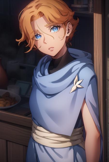 sypha, short hair, blue eyes, orange hair, cape, blue cape,