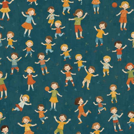 children playing, repeating wallpaper pattern, textured brushwork, illustration, storybook art, repetition vertically and horizontally
