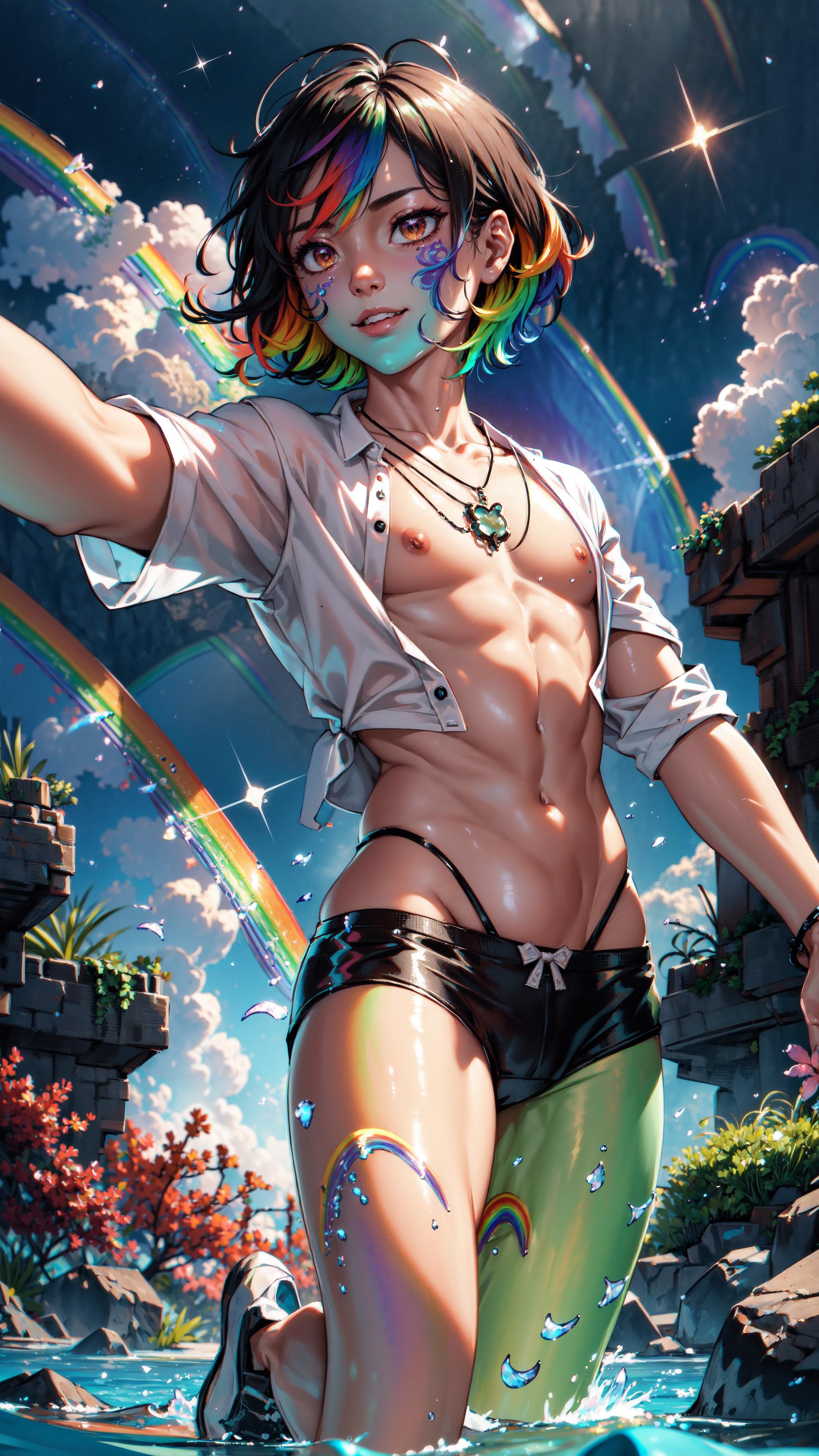 Anime-Style Artwork of a Shirtless Man with Rainbow Hair and Rainbow Shorts.