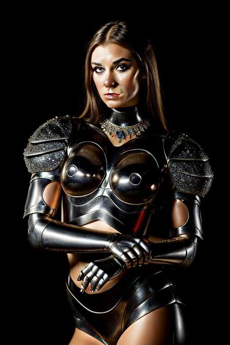 ((very beautiful)) (cyborg), 25 years old, (beautiful:1.75), (gothic makeup:0.99), (Red Lipstick:1), (anime:0.35), (oval face:0.25), (top model), body parts are made of metal, (night), (noir), (front view:1.25), (elegant), 10 minutes before the world will end, hyper-realistic, (ultra-detailed:1), (insanely detailed:1), 4k, 8k, (realistic), (best quality), (HD), shot on portra 400, fujifilm xt3,  raw photo, (((masterpiece))), sense of depth,  ((perfect composition)), rule of thirds, (style of Leonardo Da Vinci:0.10), style of Caravaggio, Perfect hand, (detailed hand),  beautiful lighting