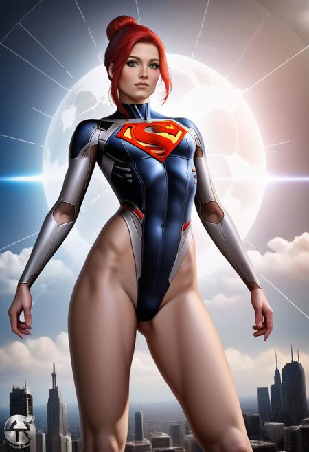 very high quality, very high detail, masterpiece, hyperdetailed, hyper-realistic, photorealism, cinematic lightning, 8k, 2077, cyborg, futurism, impressionist, detailed, 1femboy (strong:1.2), red hair, hair bun, majestic, six pack, legs showing, supergirl character, no capes, green eyes, superman logo on chest, futuristic farmland background, sixpack, very small boobs, slender ((solo)), ultra detailed, masterpiece,((futuristic skyscraper background)), metallic silver and black suit, no capes, silver and black leotard, facing viewer, fisheye view, from below, exhibitionist