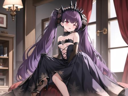 (hyper extreme detailed),(masterpeace),(best quality),(hyper extreme),CG,indoors,bedroom,1girl, <lora:Felix_Schultz:1>Felix_Schultz,purple hair,twintails,tiara,red eyes, black dress,long skirt,elbow gloves,high heels, petite,