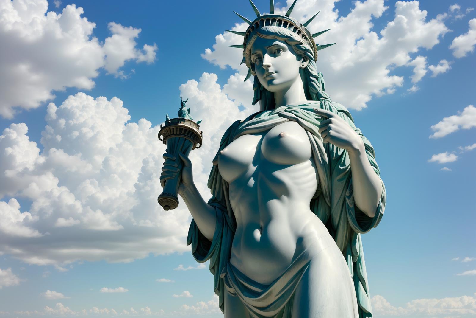 A statue of a naked woman holding a torch.