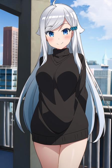 <lora:nayuta_kani-10:0.8>, nayuta_kani, 1girl, solo, long hair,  blue eyes, hair ornament, long sleeves, dress, jewelry, ahoge, grey hair, socks, sweater, scrunchie, hair flaps, hair scrunchie, blue scrunchie, looking at viewer, outdoors, smile, arms behind back, cowboy shot, city, cityscape,