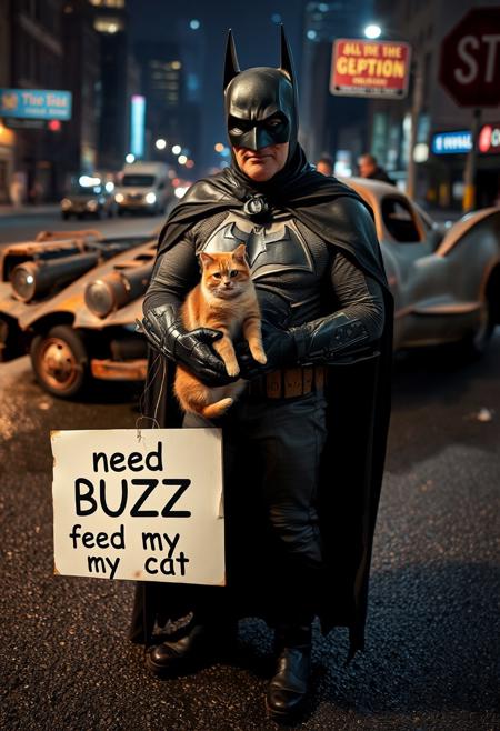 Closeup of old 77 year old Batman in worn out batman bodysuit and ripped worn cape standing and holding chubby cat in front of his rusted and worn Batmobile holding sign "need BUZZ to feed my cat", night, wet asphalt, Gotham city in background