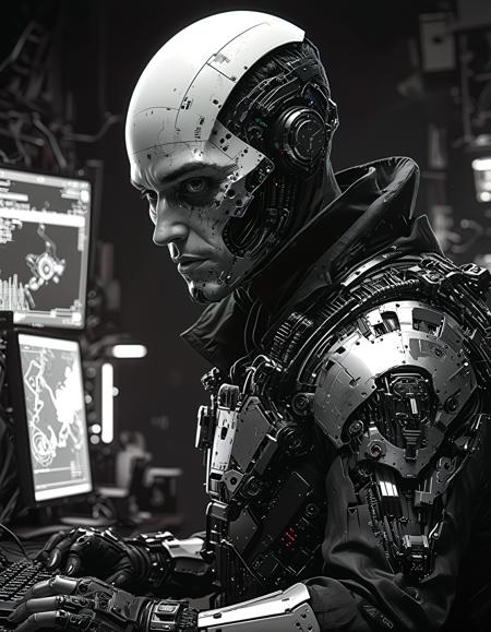 A hacker, (Atey Ghailan:0.5), (El Greco:0.5), in a cyberpunk style, (A black and white background:1.15), executing a (malicious cyberattack:1.4), disruptive on a (global scale:1.15), photorealistic, cinematic, with 8K sharp focus, Unreal Engine 5