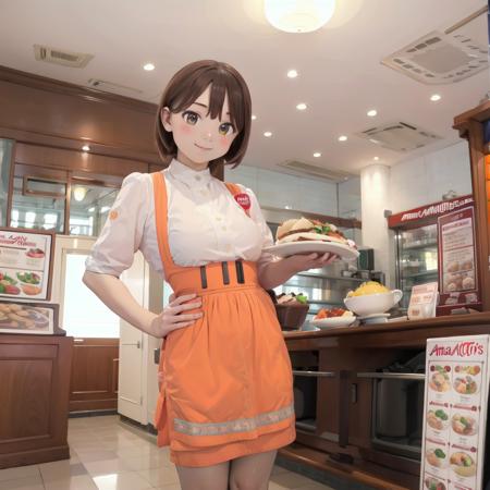 best quality, ultra-detailed, illustration,
AMTS, AMSC, 1girl, solo, pantyhose, brown hair, food, waitress, menu, smile, indoors, restaurant, orange skirt, orange apron, uniform, looking at viewer, shop, tile floor,
 <lora:AMSC_AnnaMillers_uniform_SD15_V3:1>