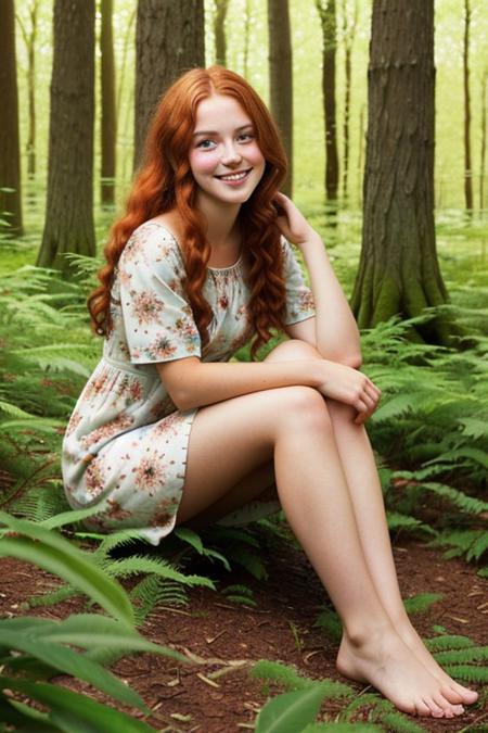 A young girl with fair skin covered in freckles, long curly red hair, and bright green eyes, sitting on the forest floor facing the viewer with her legs slightly apart. She has an innocent expression and a gentle, warm smile. The scene is set in an enchanted forest with glowing mushrooms, soft sunlight filtering through the trees, and a magical atmosphere. The girl is wearing a simple, earthy-toned dress with delicate floral patterns. The style is hyper-realistic, with intricate details on her hair, freckles, and the textures of the forest. The lighting is soft and ethereal, emphasizing her innocent and serene demeanor