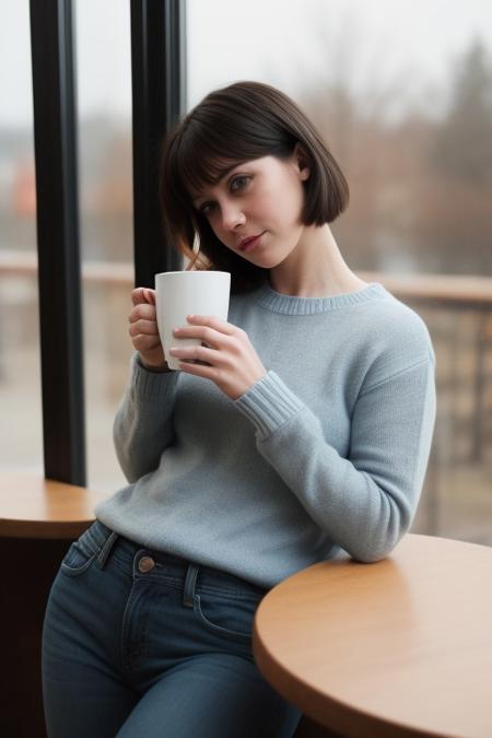 1girl, solo, cafe, coffee, sitting, short hair, black hair, blue eyes, sweater, jeans, window seat, warm lighting, cozy, thoughtful expression, steam, holding cup, indoors, detailed background