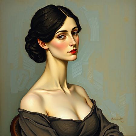 A detailed oil painting-style portrait of Jeanne Hébuterne by Amedeo Modigliani, featuring her signature elongated neck and face. She is seated gracefully, wearing a simple garment that exposes her shoulders, conveying a sense of elegance and vulnerability. The background is a muted, textured shade to emphasize her figure and the artist's characteristic style. The composition reflects the subtle melancholy and intimacy typical of Modigliani's works.