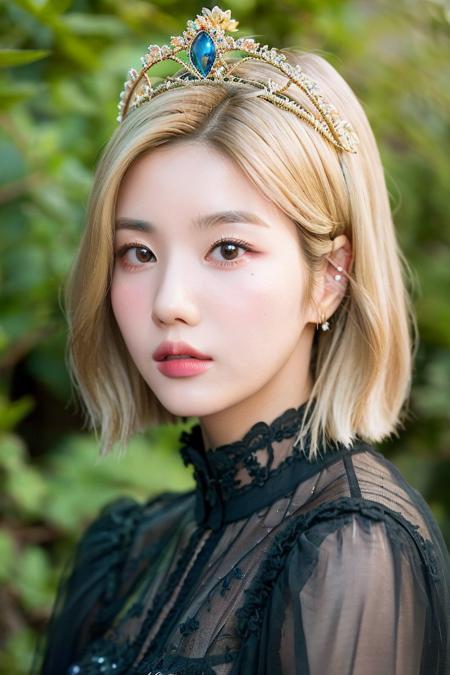 eunbi, woman, perfect eyes, beautiful, makeup, redlips, (ash blonde hair:1.5),(short hair:1.2),(vines crown:1.2),(queen:1.2), (ultra realistic:1.5), (close-up photo:1.1), (abadoned area:1.2), (intricate:1.5), (looking at camera:1.2) <lora:eunbi-byhighwizard customver1:1>