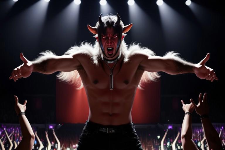 Score_9, (disturbing), ((K-pop concert)), ((Hell)),(satanic), Devil,  goat man hybrid