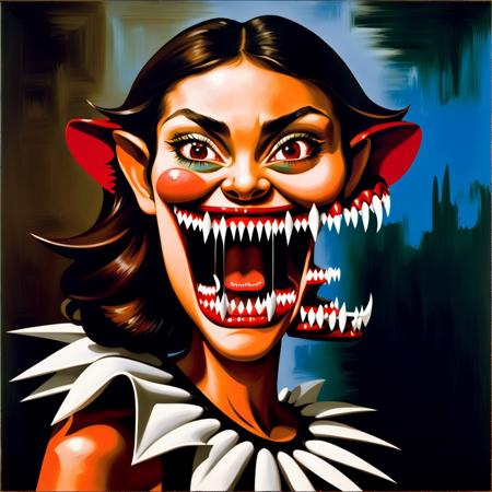 painting of a woman with sharp teeth, George Condo Style, horror(theme),  <lora:MBTDF xl-000004:1>