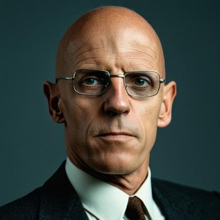 professional studio portrait photo of michelfoucault man ,  GQ photoshoot,   tight focus, model shoot, simple  background, classical english gentleman clothing,  rim lighting, perfect cinematic lighting,  head and upper torso, eye contact
(indistinguishable from reality:1.4) detailed facial features, detailed skin texture, natural skin texture,  detailed cloth texture,  perfect eyes, detailed iris,
analog, raw, f2, 35mm, . 8k, highly detailed,  (high quality, best quality:1.3), Extremely high-resolution, film grain, dslr, Kodak Portra 400 camera f1.6 lens, 35mm, Fujifilm Superia Premium 400, Nikon D850,
<lora:add-detail-xl:0.25>   <lora:michelfoucaultXL_10-17-23_v1.6:0.95>