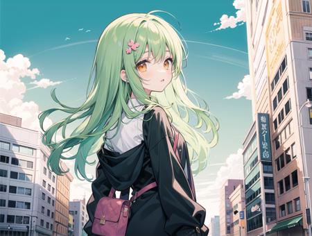 flat color,(pixiv masterpiece),masterpiece, best quality, 1girl,cute,kawaii, flat chest, green hair,orange eyes,clover hair ornament, long hair, disheveled hair, messy hair,city in the sky,city above the ground,looking back,