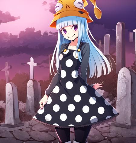 masterpiece, high quality, extremely detailed,  <lora:eruka:1>, eruka frog (soul eaters), 1girl, solo, long hair, smile, bangs, hat, dress, blue hair, pantyhose, boots, blunt bangs, polka dot, polka dot dress,  graveyard, thick thighs, cowboy shot, ass focus, full body, purple sky