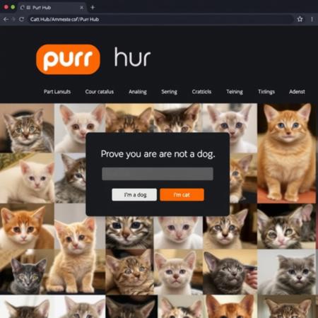 Screenshot from the most famous cat photo website, "Purr Hub", the logo is a name itself "purr" in white font and "hub" in black font, "hub" is inside an orange rounded rectangle. The website has a dark theme and shows a grid of photographs of various cute cats. a cute kitten stands next to the search bar. in the center of the page is a popup captcha window that reads "Prove you are not a dog" with two option buttons "i'm a dog" "i'm a cat".