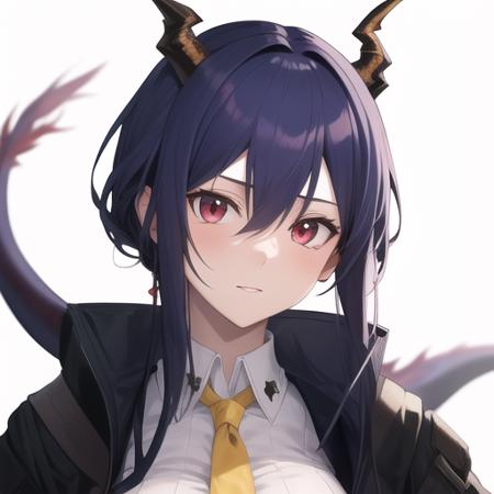 (masterpiece, best quality:1.2),absurdres,highres,1girl,solo,upper body,(portrait:1.2),dragon_horns,blue_hair,long_hair,red_eyes,bangs,hair_between_eyes,dragon_tail,medium_breasts,black_jacket,open_jacket,white_shirt,black_shorts,fingerless_gloves,yellow_necktie,black_gloves,looking_at_viewer,navel,dragon_girl,<lora:Chen(ark)>,