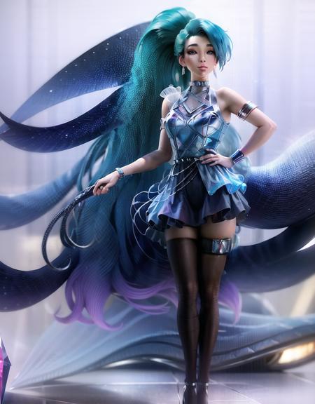 high detailed, 8k, highres, (k/da all out seraphine), league of legends, k/da \(league of legends\), close-up, 1girl, solo, aqua hair, gradient hair, multicolored hair, blue eyes, lips, long hair, long ponytail, ponytail, earrings, jewelry, armlet, bracelet, choker, ice wings, blue dress, layered clothing, black skirt, single bare shoulder, thighhighs