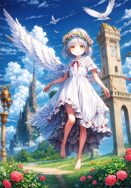 1girl,  tenshi_\(angel_beats!\), angel, angel_wings, white_wings, ankle_ribbon, asymmetrical_wings, barefoot, bell, bow,  cloud, cloudy_sky, dove, dress, eyebrows_visible_through_hair,feathers, flower, flying, full_body, glowing_wings, hair_flower, halo, head_wreath, kishin_sagume, large_wings, leg_ribbon, long_hair, looking_at_viewer, low_wings, mini_wings, mountain, multiple_wings, orange_eyes, parted_lips, red_bow, red_ribbon, ribbon, rose, silver_hair, single_wing, sky, solo, spread_wings, sun, sunset,twilight, white_dress, white_feathers, wings, wrist_ribbon, yellow_eyes<lora:style_gotoP:1>