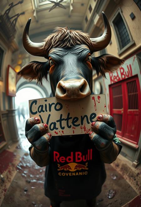 A whimsical, humanized bull, with a fairytale charm, holding a sign that says ‘Cairo Vattene’ in bold, handwritten text. The shot is captured with a Panavision Prime Cine Optics 12mm fisheye lens, exaggerating the bull’s presence in the center of the frame. The background is twisted and surreal, with sharp, contrasting colors and splatters of blood staining the surroundings, adding a gritty, Tarantino-esque vibe. The bull, exuding a dark, almost menacing aura, has blood splattered on its hands and face. A Red Bull logo is spray-painted onto its shirt, matching the chaotic energy of the scene.”