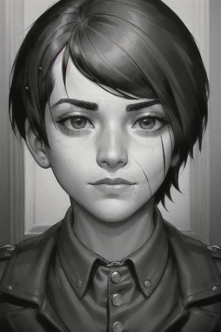 High detail RAW color, ((portrait of a girl)1.2), ((male facial features)1.4), ((short haircut)1.2), ((wearing a in military uniform)1.3), realism, cinematic lighting, serious eyes, textured skin, cold skin pores, ((pile skin)1.2) 45 degree, hard light, gigapixel, pimples, 85mm, F/4