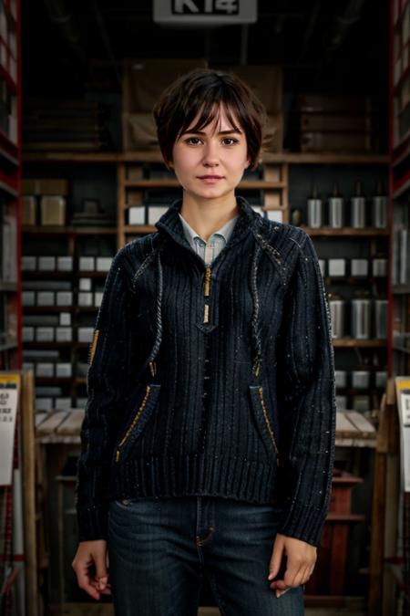 K1873W in a hardware shop, drills, mechanical, jumper, jeans <lora:KW3:1> masterpiece, best quality, detailed face , 1girl, realistic, solo,k1873w, short_hair, black_hair