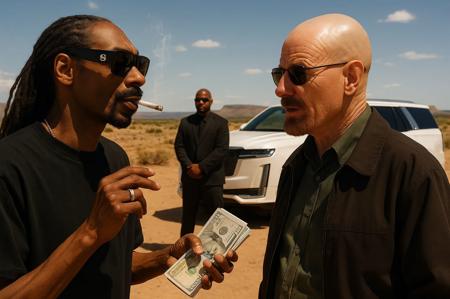 Snoop Dog and Walter White discussing chemistry in desert