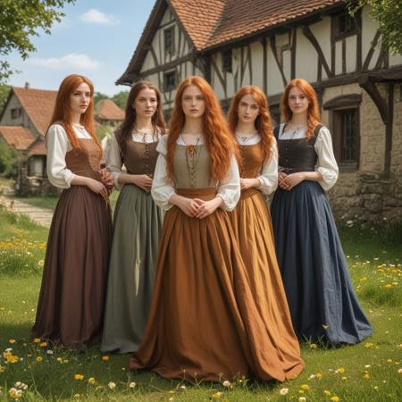 Medieval village, women, group of female characters, long hair, brown hair, orange hair, brown eyes, medieval, sunny, long skirt, medieval skirt, tattoo, village, outdoors, flowers, girlfriends, traditional dress, medieval dress, lawn,