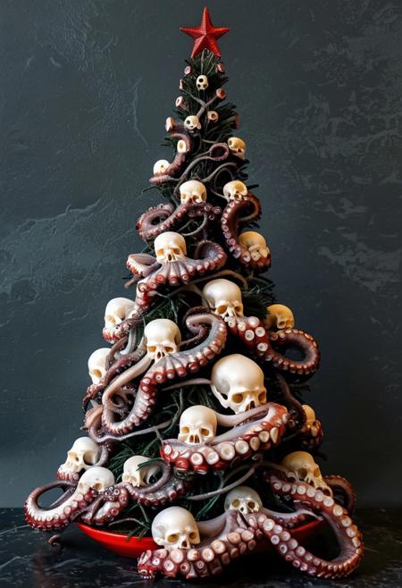 Gothic horror Christmas tree made of human skulls and curled octopus tentacles for branches. Detailed.