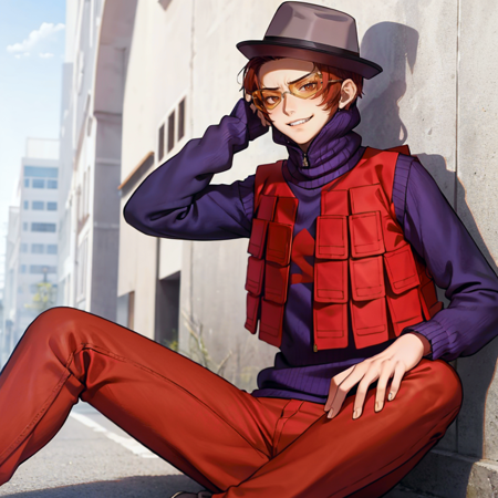 Masterpiece, best quality, 1boy, solo, smirk, <lora:Brown:1>, brownp2, jacket, hat, vest, turtleneck, glasses, (red pants), sitting, simple background,