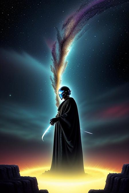 Cinematic, futuristic scene featuring a close-up portrait of a mysterious figure wearing a dark, flowing robe. The figure stands in a serene, dream-like landscape surrounded by massive, ancient pillars, under a vast starry night sky. The figure's helmet is elongated, with a transparent, glowing glass revealing swirling cosmic patterns and electric energy, evoking an otherworldly aura. Two large, symmetrical, twisted horns extend from the helmet, blending advanced technology with alien design. In the distant background, tall buildings and skyscrapers rise softly into a horizon with a gentle, ethereal glow, enhancing the enigmatic atmosphere. Highly detailed, hyper-realistic, soft lighting, HKMagic style, face close up, from above
