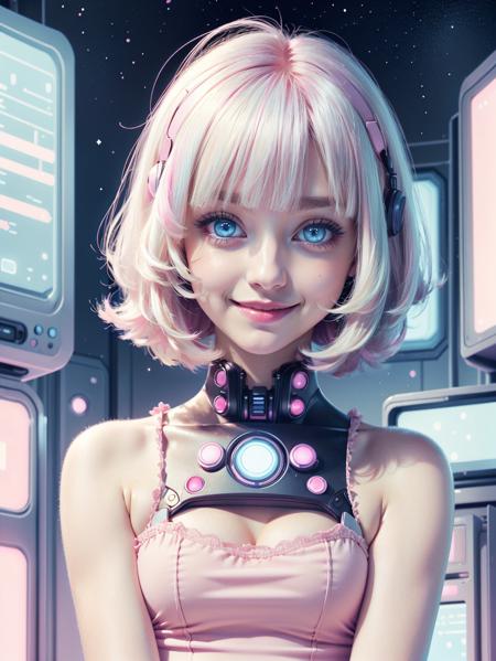 <lora:KawaiiTech-20:1>, kawaiitech,pastel color, kawaii, cute colors ,scifi, pink, scholar , scroll, 1girl ,long hair, pale skin,white hair, glowing eyes, smile ,closed mouth,bob cut,