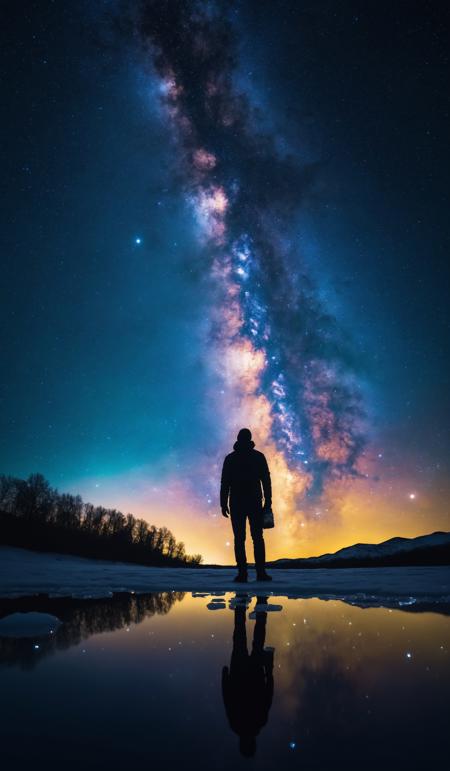 Milky Way. Night sky with stars and silhouette of a standing happy man with yellow light. Space background, (sharp focus:1.2), extremely detailed, (photorealistic:1.4), (RAW image, 8k high resolution:1.2), RAW candid cinema, 16mm, color graded Portra 400 film, ultra realistic, subsurface scattering, ray tracing, (volumetric lighting), extreme contrast, intricate details, reflections on ice, reflections on water, water pouring down