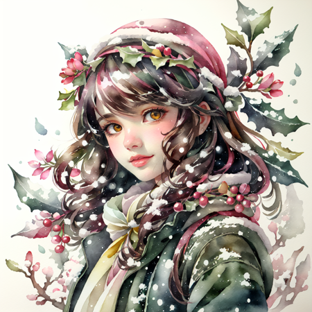 GachasplashMistletoe, 1girl, solo, long hair, looking at viewer, brown hair, brown eyes, jacket, upper body, flower, hairband, lips, leaf, traditional art (medium), faded, mistletoe, snow, ice, frost, wreath, yellow theme, watercolor painting(medium), in splash, watercolor paper (medium), <lora:GachasplashMistletoe:0.8>