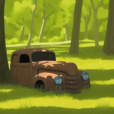 SimplyPaint, painterly, textured edges, watercolor, texture, rusty old car in grass, trees, shadows, stylized, toon, exaggerated forms