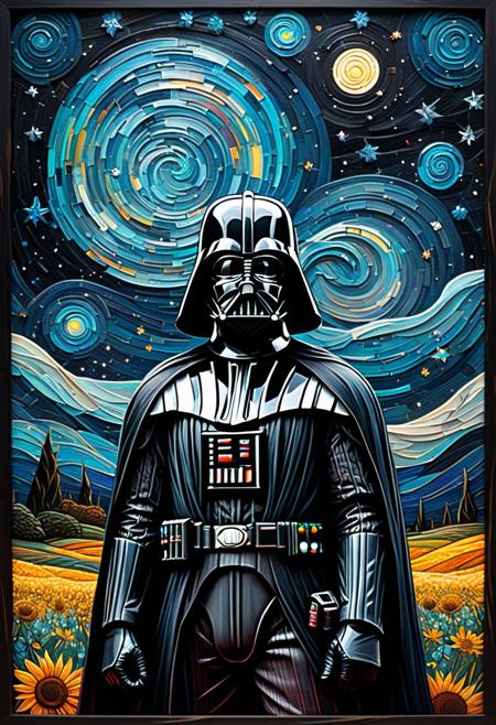 Darth Vader in the Van Gogh style, Star Wars, starry sky, Dan Mumford, Andy Kehoe, 2d, flat, cute, adorable, vintage, art on a cracked paper, patchwork, stained glass, fairytale, storybook detailed illustration, cinematic, ultra highly detailed, tiny details, beautiful details, mystical, luminism, vibrant colors, complex background, fine art, oil painting, best quality <lora:xl_more_art-full_v1:0.3>