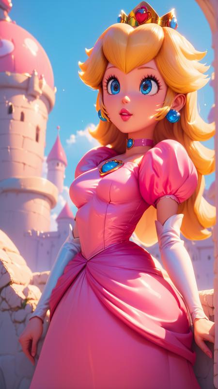 score_9,score_8_up,score_7_up,score_6_up,score_5_up,score_4_up BREAK skinny,choker,medium breasts,detached sleeves,princess peach,pink dress,castle,outside,bloom,<lora:Princess_Peach_Shiny_Style_V2:0.9>,