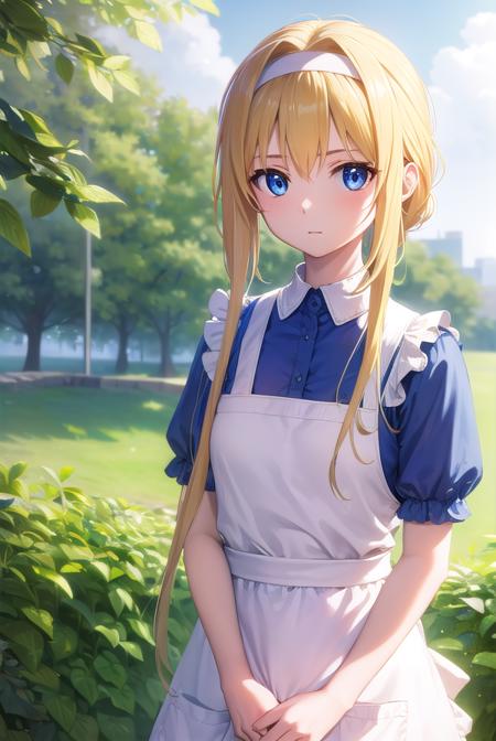 alice zuberg, bangs, blue eyes, blonde hair, hair between eyes, very long hair, braid, hairband, white hairband, dress, cape, armor, blue dress, shoulder armor, gauntlets, pauldrons, breastplate, armored dress, faulds, blue cape, knight, (gold armor:1.5), body armor, dress, bow, ribbon, short sleeves, frills, apron, puffy short sleeves, blue dress, brown footwear, knee boots, white bow, white apron, frilled apron,