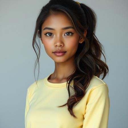 1girl, realistic, realistic photography, professional photography, photo from head to stomach, formal pose, facing the camera, head not out of frame, a 20 year old girl, light brown skin, height 165cm, chest circumference 73cm, lower chest circumference 63cm, round chest shape, stomach circumference 63cm, waist circumference 63cm, upper hip circumference 68cm, hip circumference 73cm, oval face, chin without slit, small ears, straight nose, bow shaped lips, almond shaped eyes, yellow eye color, thick straight eyebrows with a slight gentle curve, very long hair touching the hips, slightly wavy black slightly reddish hair, hair combed back, hair tied in a ponytail, only 1 ponytail, no front bangs, no side bangs, no bangs, yellow hair tie, wearing a long sleeved cotton t-shirt without buttons with an o neck collar, t-shirt covering up to the ankles, light yellow t-shirt, wearing light yellow stilettos, no make-up face, wearing a pair of gold earrings, wearing a gold necklace, not wearing a ring, not wearing a bracelet, no blush on the nose, no blush on the cheeks, no blush on the face, white wall background, professional photo studio lighting, accurate anatomy, detailed anatomy, realistic anatomy, detailed skin texture, realistic skin texture, detailed skin pores, realistic skin pores, detailed face, realistic face,