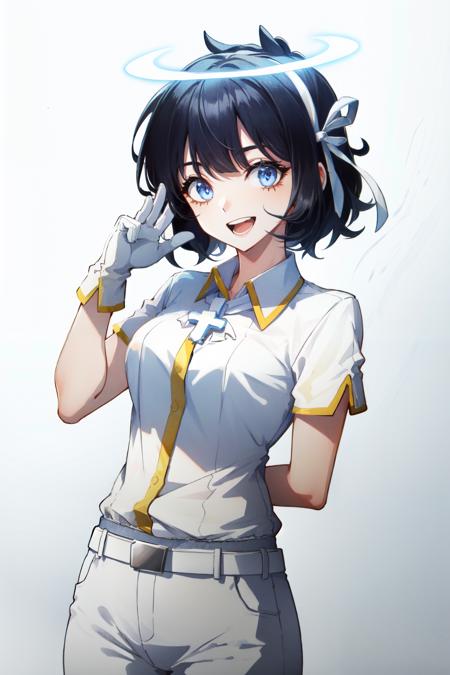 <lora:azazel:1>azazel(helltaker), white pants, 1girl, official style, open mouth, solo, ribbon, white shirt, angel, halo, blue eyes, white ribbon, white gloves, smile, cross, arm behind back, shirt, belt, collared shirt, black hair, short hair, blunt bangs, short sleeves, hair ribbon, looking at viewer, pants, gloves