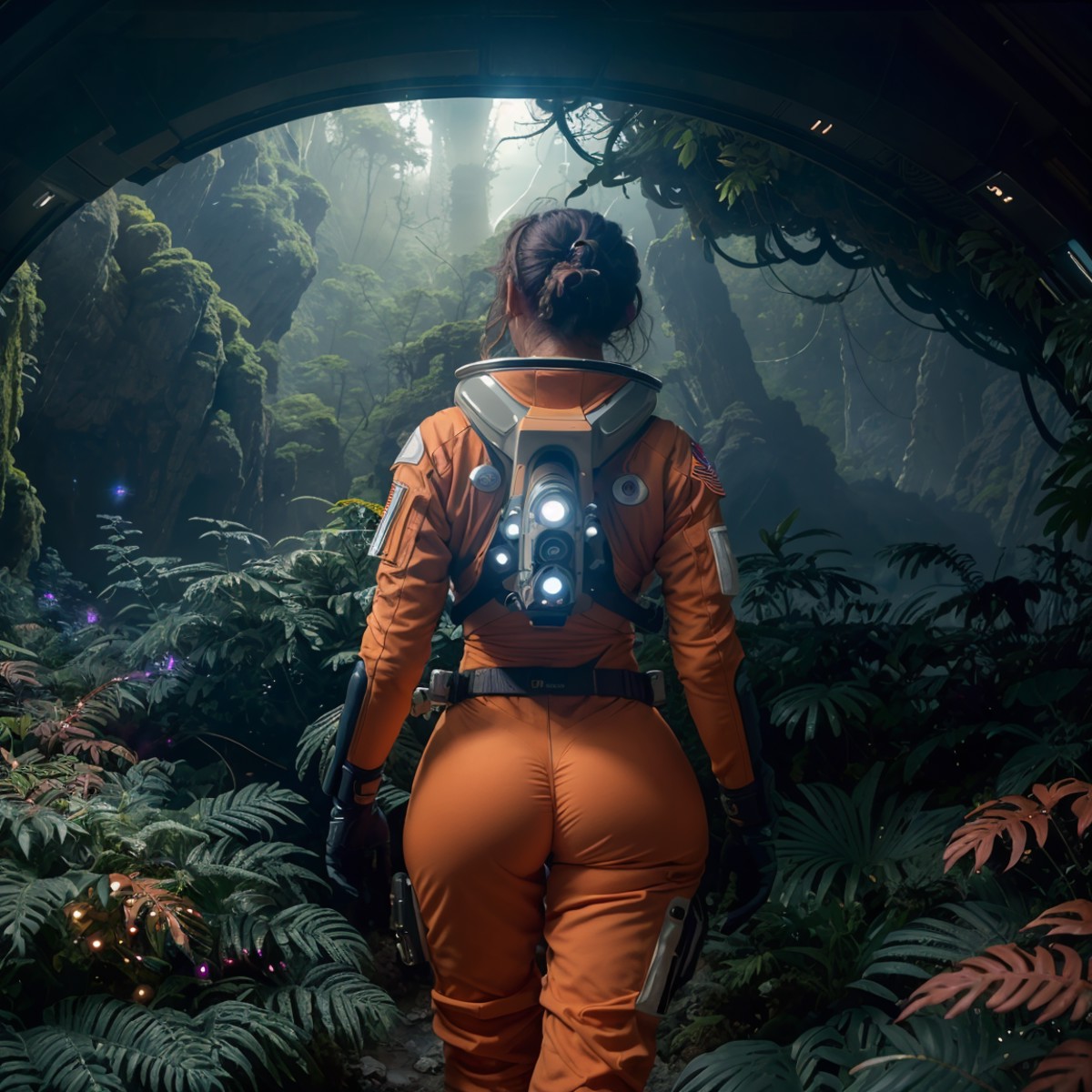 Masterpiece, highest quality, rear angle, Highly detailed photo of a (female space soldier wearing orange and white space ...