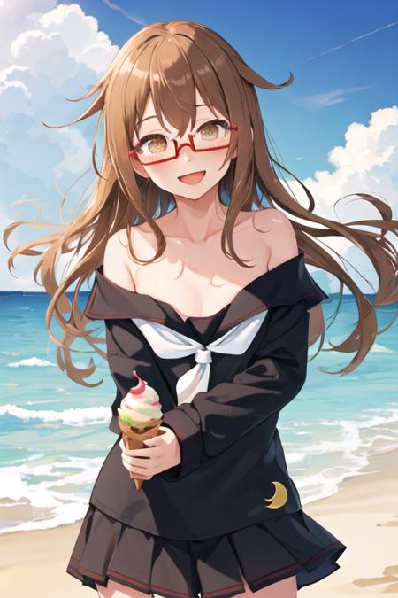 best quality, masterpiece, highres, solo, {mochizuki_kantaicollection:1.15}, long_hair, brown_hair, glasses, brown_eyes, red-framed_eyewear, semi-rimless_eyewear, serafuku, crescent, black_serafuku, blush, under-rim_eyewear, 1girl, beach, blue_sky, collarbone, day, food, ice_cream, ice_cream_cone, looking_at_viewer, ocean, open_mouth, shirt, sky, soft_serve, bare_shoulders, off_shoulder, cloud, outdoors, sand, smile