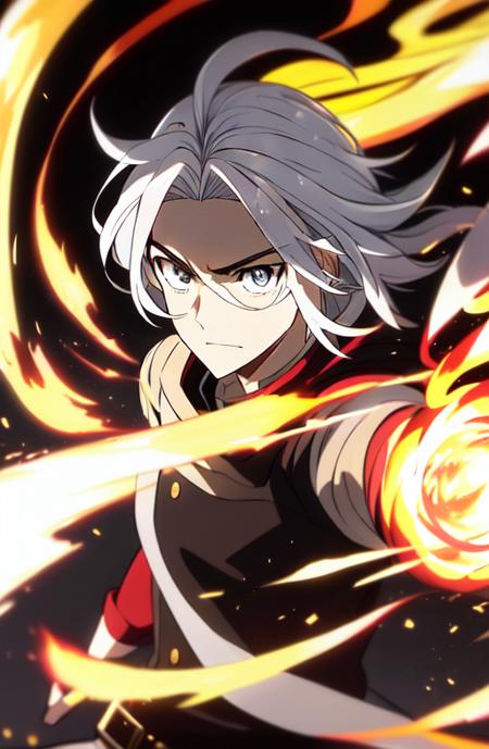 <lora:FireVFX:0.5>  <lora:iridescent_hair:0.6> 1man, white hair, a fireball about to be released, magic spell, circle magic,