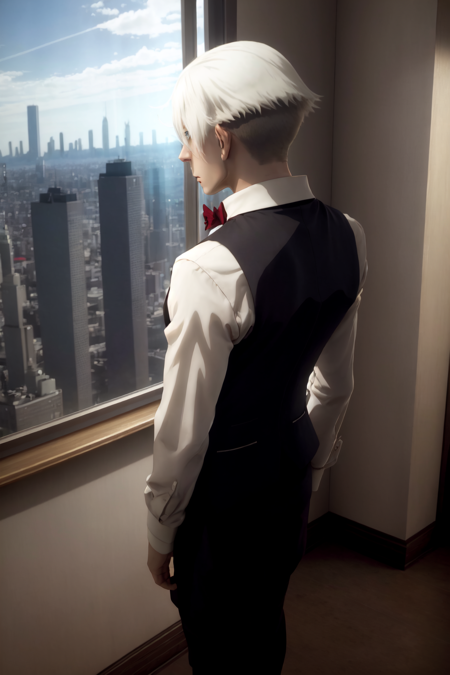 (high quality: 1.4), decim \(death parade\), black vest, red bowtie, white shirt, standing in front of a window, looking out at a cityscape <lora:ironcatlora7Decim_v10:0.8>