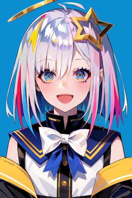 1girl, solo, amane kanata, star halo, virtual youtuber, multicolored hair, wings, halo, colored inner hair, open mouth, angel, feathered wings, angel wings, asymmetrical hair, blue hair, smile, looking at viewer, blue background, simple background, short hair, single hair intake, upper body, bow, armband, purple eyes, bob cut, long sleeves, streaked hair, sailor collar, blue bow, pink hair, multicolored eyes, hair over one eye, :d, white hair, white wings, bangs, blue eyes, hand on own chest, grey hair, jacket, bowtie, blush, gradient eyes, sleeves past wrists, teeth, blue bowtie <lora:SilvermoonMix14:1>